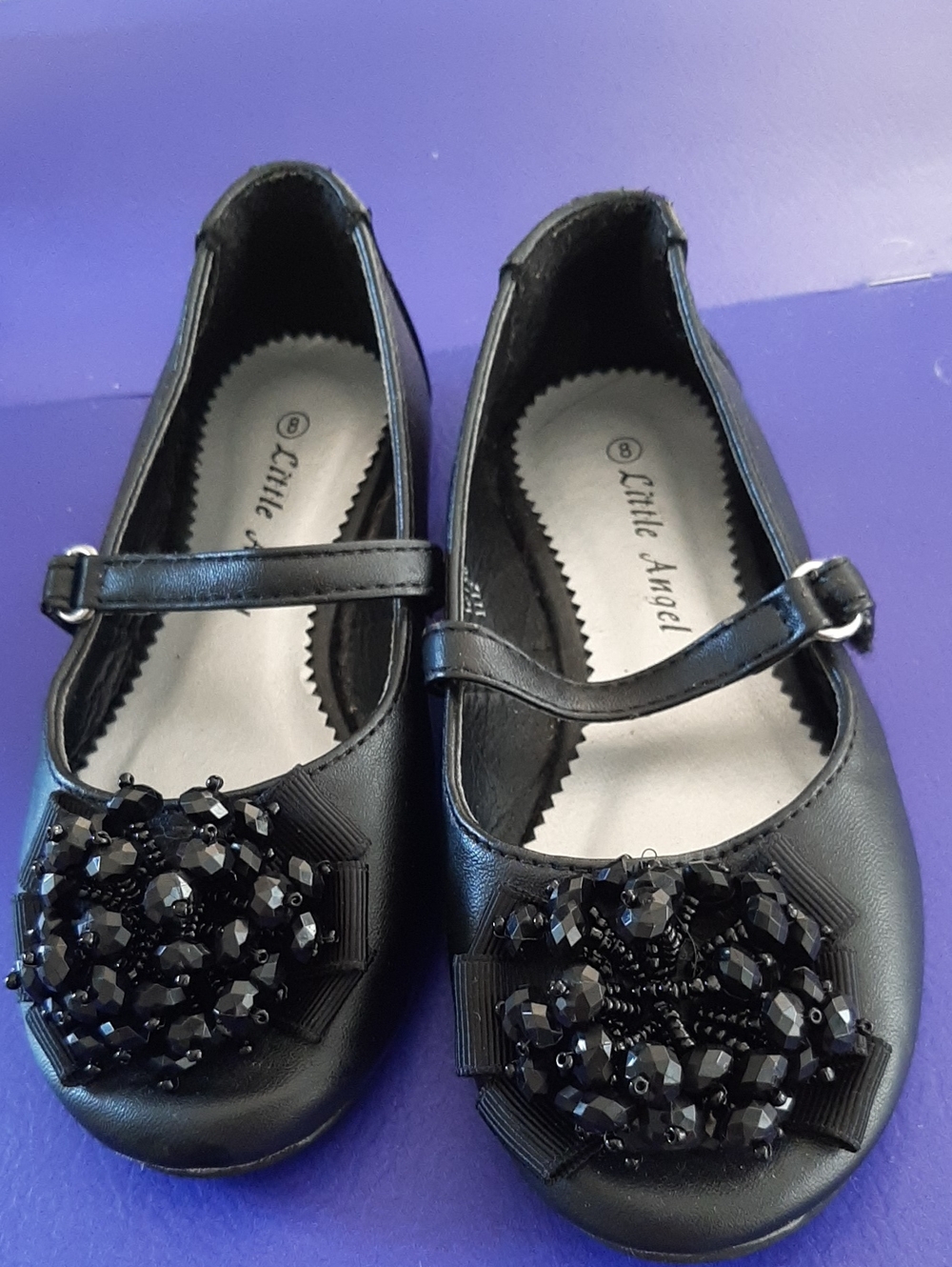 Little Angel Black Mary Jane Flats with Beaded Rosette